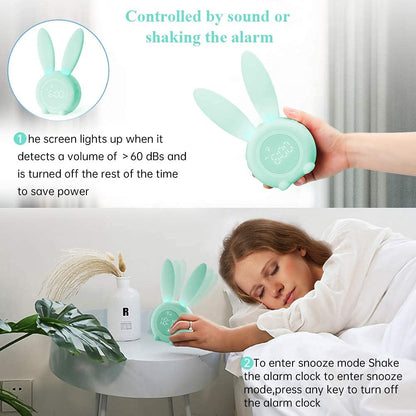 YONGYAO Kids Light Alarm Clock with Night Light, Cute Rabbit Children's Alarm Clock, 2 Alarms, Snooze and Timer, Adjustable Volume, Alarm Clock for Girls Boys