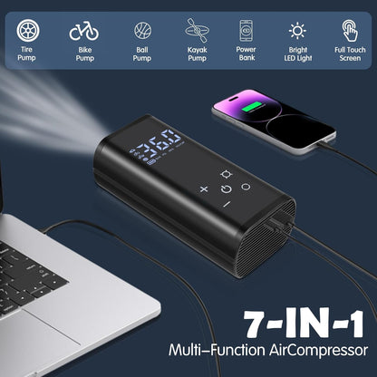 Electric air pump, 150 PSI portable battery compressor, 6000mAh bike pump air compressor for car bike motorcycle balls, touchscreen, rechargeable via USB-C, doubles as emergency light and power bank.