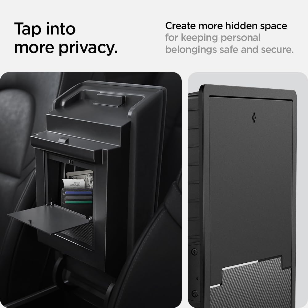 Spigen Tesla Model Y (~2024) and Model 3 (2021-2023) One-Touch Hidden Storage Box (Carbon Edition) Designed for Tesla Model Y and 3 center console organizer armrest.