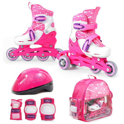SMJ Kids Girls Set 2in1 Inline Skates Adjustable Roller Skates with LED Wheels + Protective Gear Set + Helmet + Bag (Size 30-33)