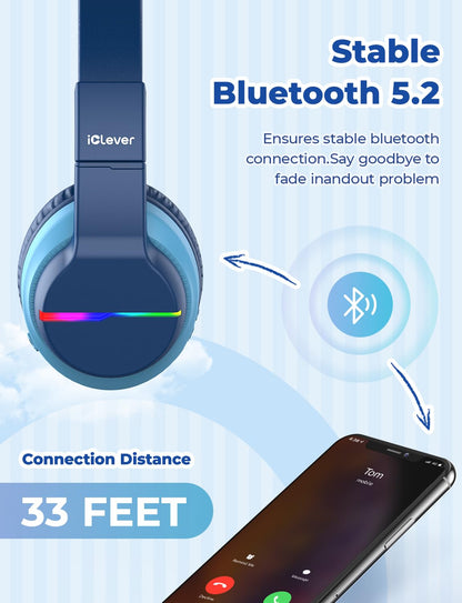iClever Bluetooth Kids Headphones, Colorful LED Lights, Over-Ear Kids Headphones with 74/85dBA Volume Limitation, 85 Hours Playtime, Bluetooth 5.2, Built-in Microphone BTH12