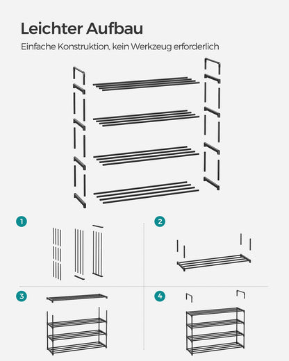 SONGMICS 4-tier shoe rack, made of metal, shoe storage, shoe organizer, can be used vertically or horizontally, holds 20-25 pairs of shoes, stackable, for hallway, 30 x 92 x 75 cm, black LSA14BK