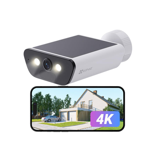 EZVIZ 4K battery-powered security camera with 10400mAh battery, wireless outdoor camera with built-in 1.4W solar panel, AI person and vehicle detection, two-way audio, supports Wi-Fi 6, weatherproof, CB5