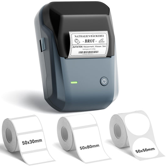 NIIMBOT B1 Bluetooth Label Printer with 3 labels, wide water-resistant labels, versatile app with 30 fonts and over 1500 icons, labeling device for retail, office, organization.