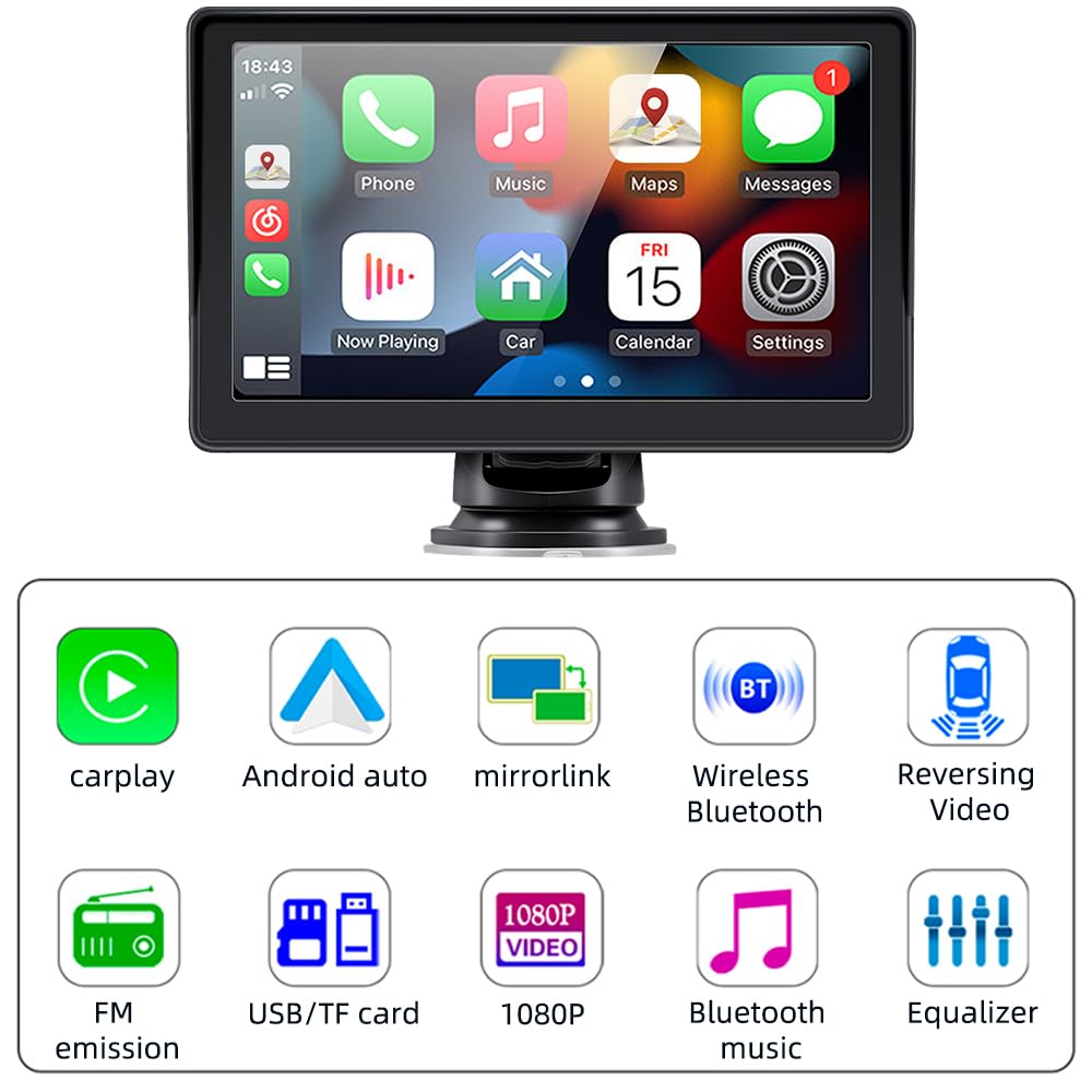 Sunweyer Wireless Carplay & Android Auto Screen, portable car radio, 7-inch IPS touchscreen display, supports 1080p backup camera & Bluetooth/AUX/FM transmitter.