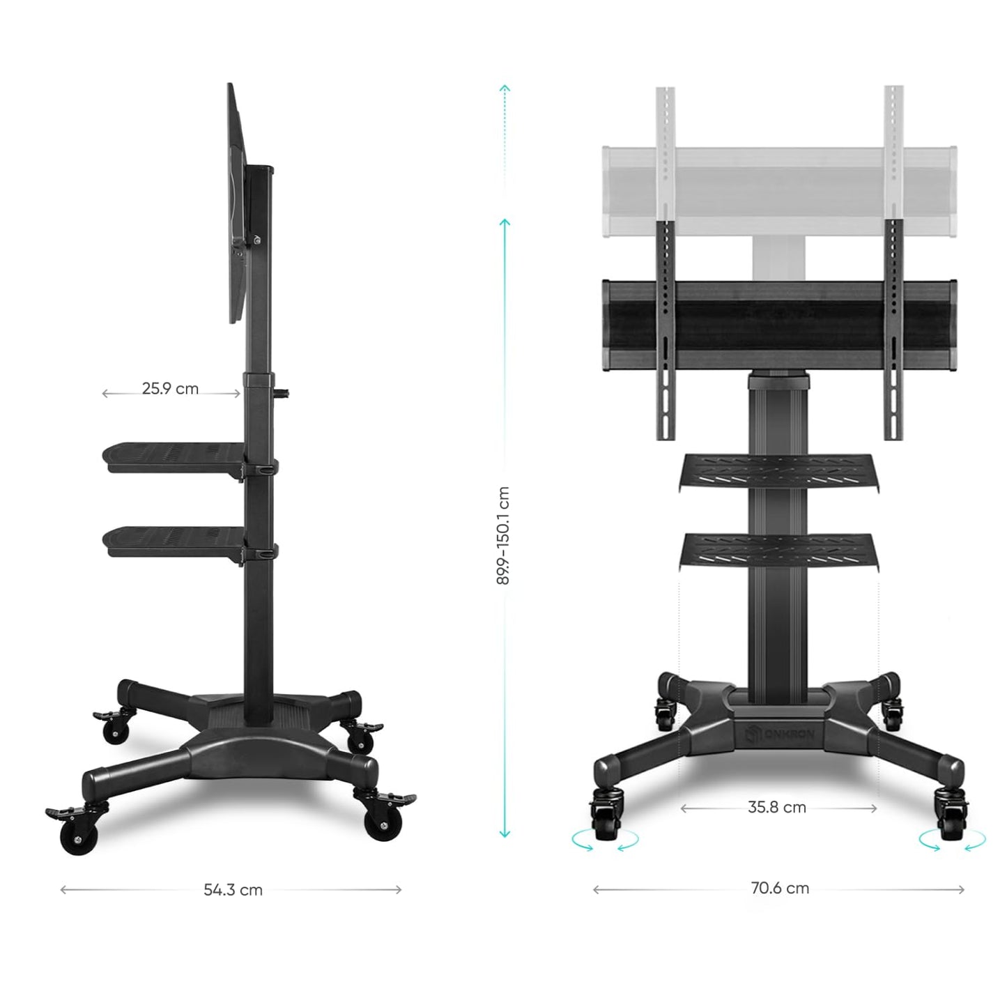 ONKRON Mobile TV Stand TV Stand Foot TV Cart Stand 32-55 inch height adjustable on wheels for flat and curved TVs monitors floor stand with bracket VESA TS2551 Black