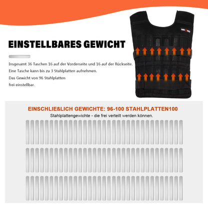 Adjustable 20 kg weight vest, workout weight vest, fitness weight jacket, for men and women (Includes 96 steel plate weights)