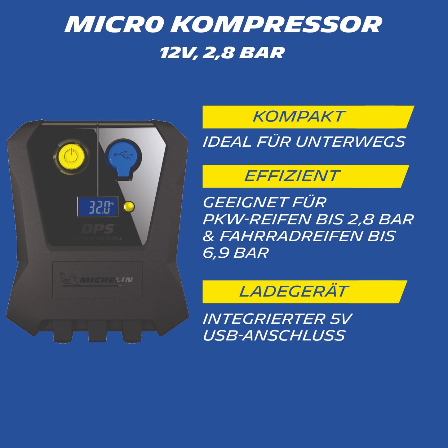 MICHELIN Micro Compressor 12V - Digital & Compact | Precise tire pressure for car, motorcycle, caravan & bicycle | Powerful, Portable Air Compressor for On-the-Go