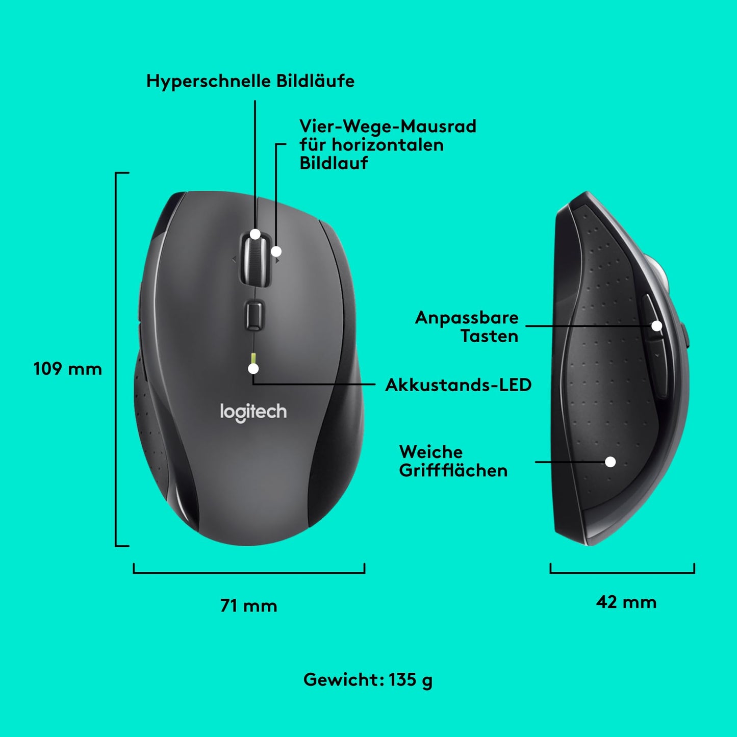 Logitech M705 Marathon Wireless Mouse, 2.4GHz with USB Unifying Receiver, 1000 DPI, 5 programmable buttons, 3-year battery life, Compatible with PC, Mac, Laptop, and Chromebook - Gray