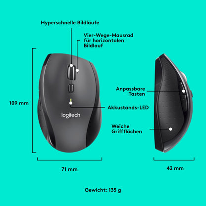 Logitech M705 Marathon Wireless Mouse, 2.4GHz with USB Unifying Receiver, 1000 DPI, 5 programmable buttons, 3-year battery life, Compatible with PC, Mac, Laptop, and Chromebook - Gray