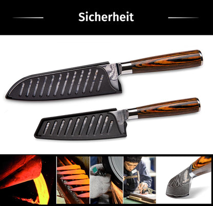 Wolfblood 2-piece Damascus Knife Set (30cm and 24cm) Professional Santoku Damascus Kitchen Knife made of genuine 67-layer Damascus steel. Santoku Damascus Knife Set with wooden handle, gift box & blade cover.