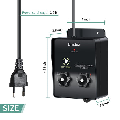230V electric fence energizer, Briidea 6.2 miles electric fence energizer for dog fence, livestock fence, squirrel, used for gardens, chicken coops, Easy installation, 3 Joules