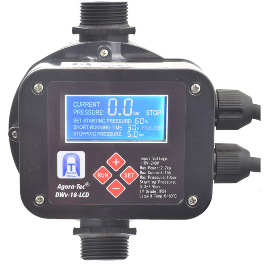 Agora-Tec® Pump control pressure switch flow monitor DWv-18-LCD wired (adjustable on/off pressure) with dry run protection, overpressure monitoring, leakage indication.