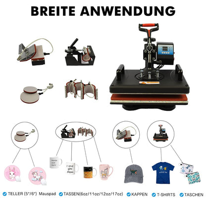 5 in 1 Heat Press Machine 38x30cm with 1000W power. The T-shirt heat press can rotate 360 degrees, ideal for DIY projects. It features a double digital display for easy operation. Great for sublimation and heat transfer printing.