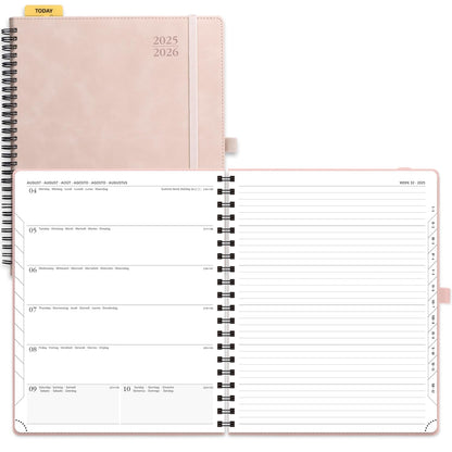 POPRUN Calendar 2025 2026 Book Calendar Notebook (Aug. 2025-Dec. 2026), approx. A4 (26.5 x 21.5 cm), planner, weekly planner ring binder with softcover, certified paper - soft pink.
