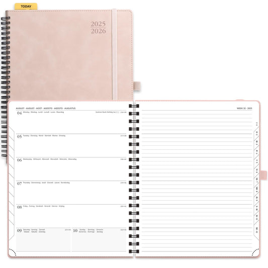 POPRUN Calendar 2025 2026 Book Calendar Notebook (Aug. 2025-Dec. 2026), approx. A4 (26.5 x 21.5 cm), planner, weekly planner ring binder with softcover, certified paper - soft pink.