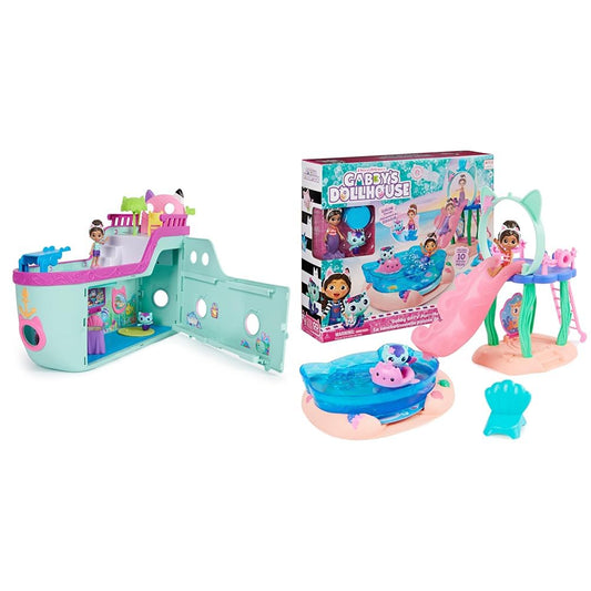 Gabby's Dollhouse 6068572 Master, Gabby's cruise ship toy with 2 toy figures & Purrific Pool Party playset with Gabby and Kitty Fairy figure.