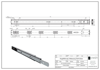 Junker 2 pairs of full extension KV1-45-H45-L700-SC 700mm with automatic closing and damping (SoftClose) telescopic slides with 45kg load capacity.