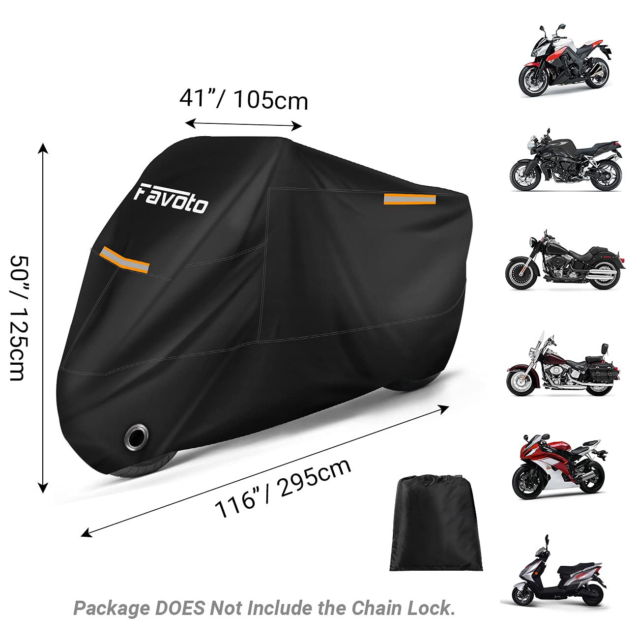 Favoto Motorcycle Cover Outdoor 210T Oxford Fabric Cover Indoor Motorbike Double Stitched with Waterproof Stripes Enhanced Lock Hole 295cmx105cmx125cm