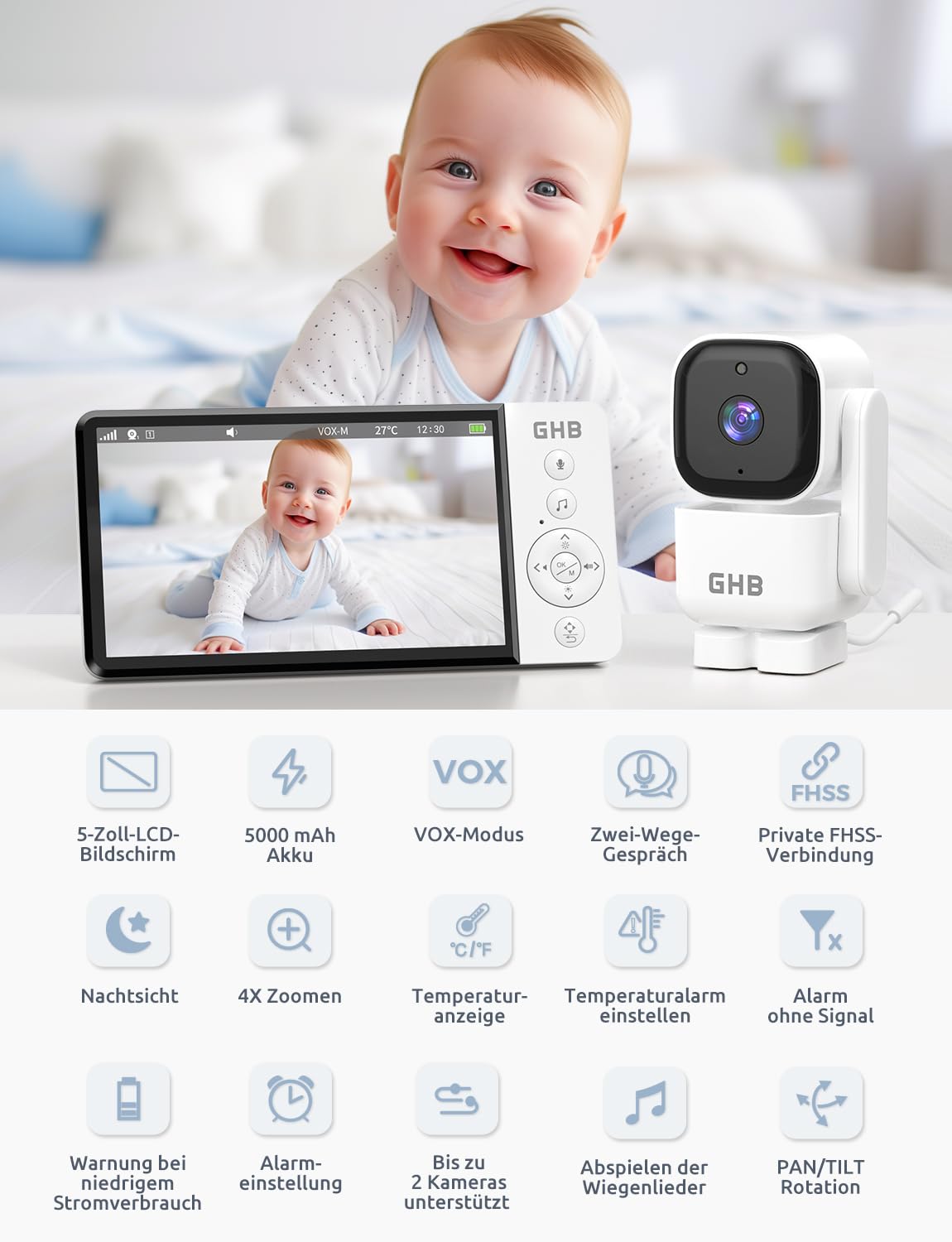 GHB baby monitor with camera 5 inch 350° rotation 5000mAh night vision VOX mode digital zoom two-way talk temperature display 720p ABM720