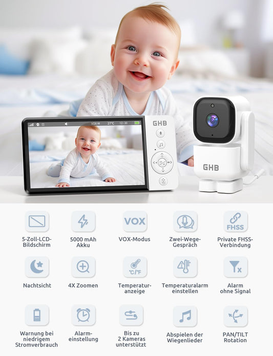 GHB baby monitor with camera 5 inch 350° rotation 5000mAh night vision VOX mode digital zoom two-way talk temperature display 720p ABM720