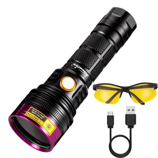Alonefire SV18 12W UV flashlight 365nm USB rechargeable blacklight flashlight pet urine detector for resin curing, dry stains, scorpion with charging station, UV protective glasses, battery