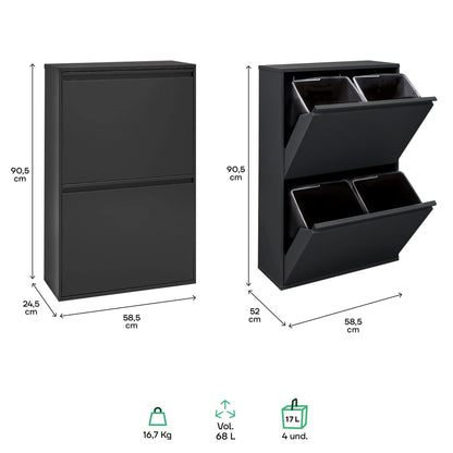 ARREGUI Basic CR606-B steel waste separation system | 4 compartments trash can for the kitchen | 4 compartment waste bin | 4x17L (68L) | Removable inner bins with handle | Recycling cabinet | Waste separation | black