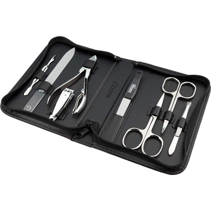 MarQus Solingen Manicure Set with Nail Clippers and Glass Nail File 8 pieces - Nail set in high-quality leather case - Complete kit for women and men, Black