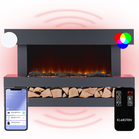 Klarstein decorative fireplace with LED flames, electric fireplace with heating, 2000W electric fireplace, energy-efficient electric fireplace, wall fireplace with remote control & timer, electric fireplaces with MDF housing.