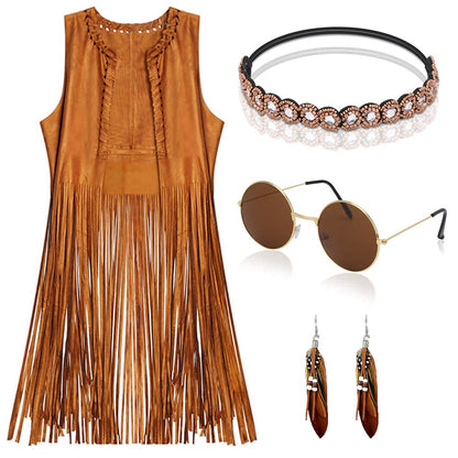 YADODO Hippie Costume Women Set Fringed Sleeveless Vest Hippie Clothing 60s 70s Vintage Outfit Girls Disco Costume Cowgirl Brown Vest Bolero Carnival Halloween Costumes Women M