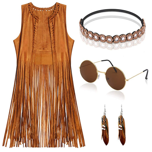 YADODO Hippie Costume Women Set Fringed Sleeveless Vest Hippie Clothing 60s 70s Vintage Outfit Girls Disco Costume Cowgirl Brown Vest Bolero Carnival Halloween Costumes Women M