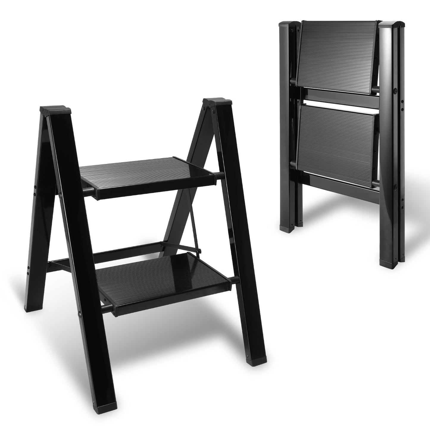 Owlstep Folding 2-Step Ladder, Lightweight Foldable Step Stool, Aluminum Footstool, Non-Slip Ladder with Folding Lock, Household Kitchen Step Ladder, Load Capacity up to 150kg, Black
