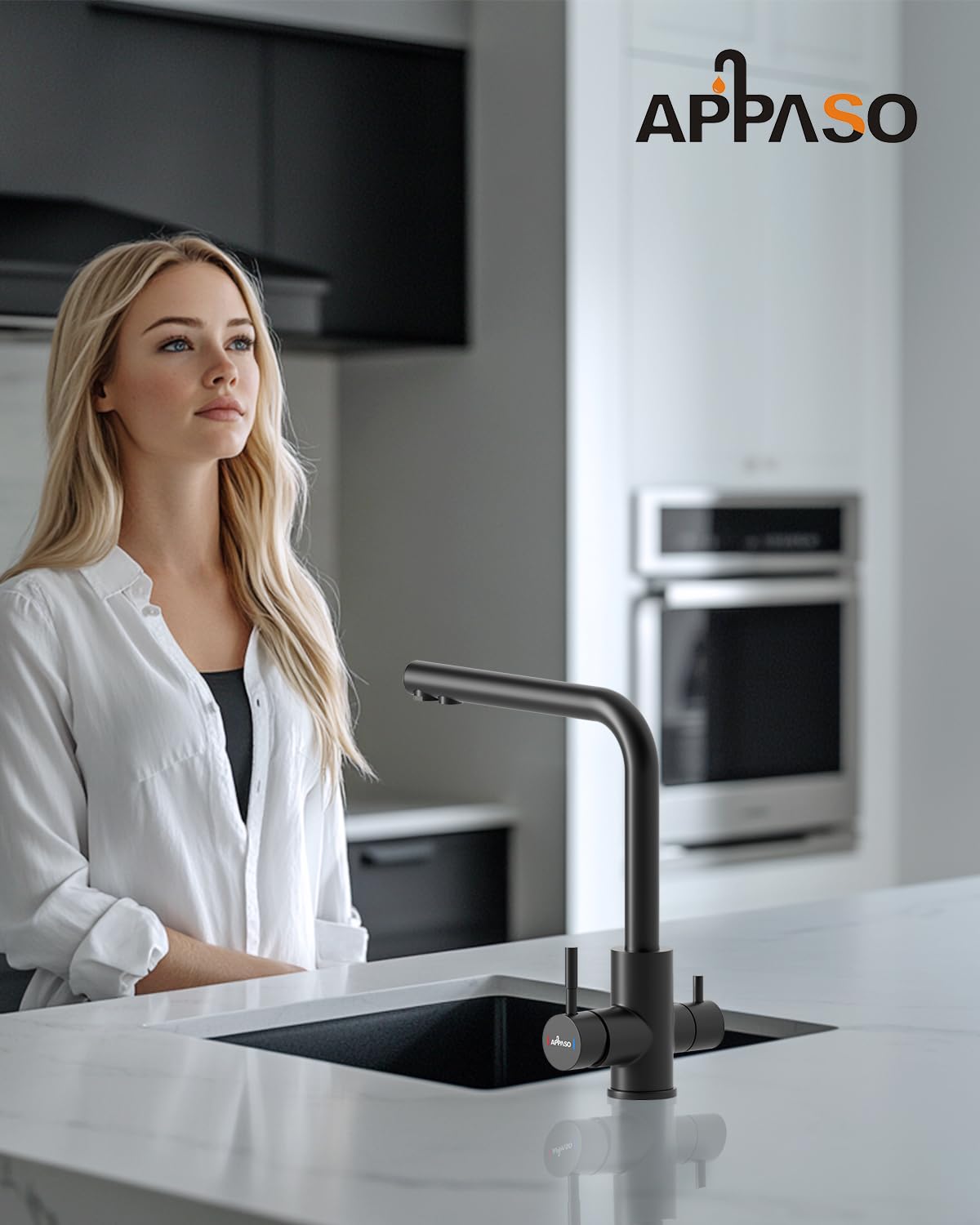 APPASO 3-Way Water Faucet Black, Kitchen Faucet 3 Way 360° Rotatable, 3-in-1 Kitchen Mixer Tap for Water Filter, Drinking Water Faucet with 2 Handles, Three-Way Faucet, Stainless Steel Black Sink Faucet.