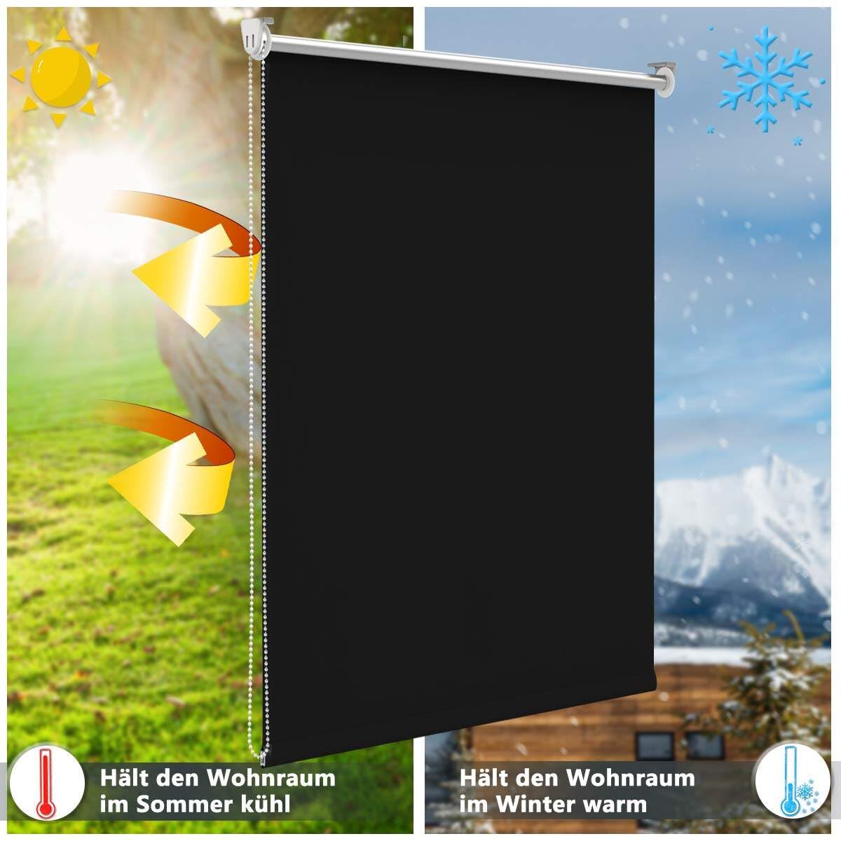 Grandekor blackout roller shade without drilling black 45x130cm (fabric width 41cm). Shades for windows without drilling & with drilling, blackout roller shade thermal roller shade clamp roller shade window shade darkening heat protection.