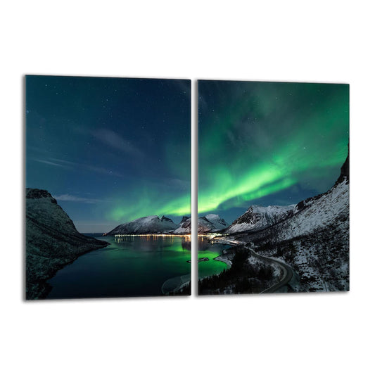 Hob covers set 2x40x52 cm ceramic hob cover glass splash guard cover glass plate hob ceramic cover decoration, Northern Lights mountains