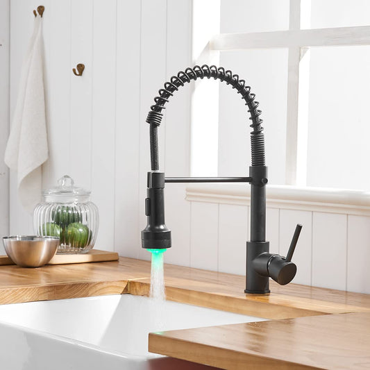 TIMACO LED Black Kitchen Faucet with Spiral Spring,360° Swivel Sink Faucet,Sprayer Pull-Out - High Pressure