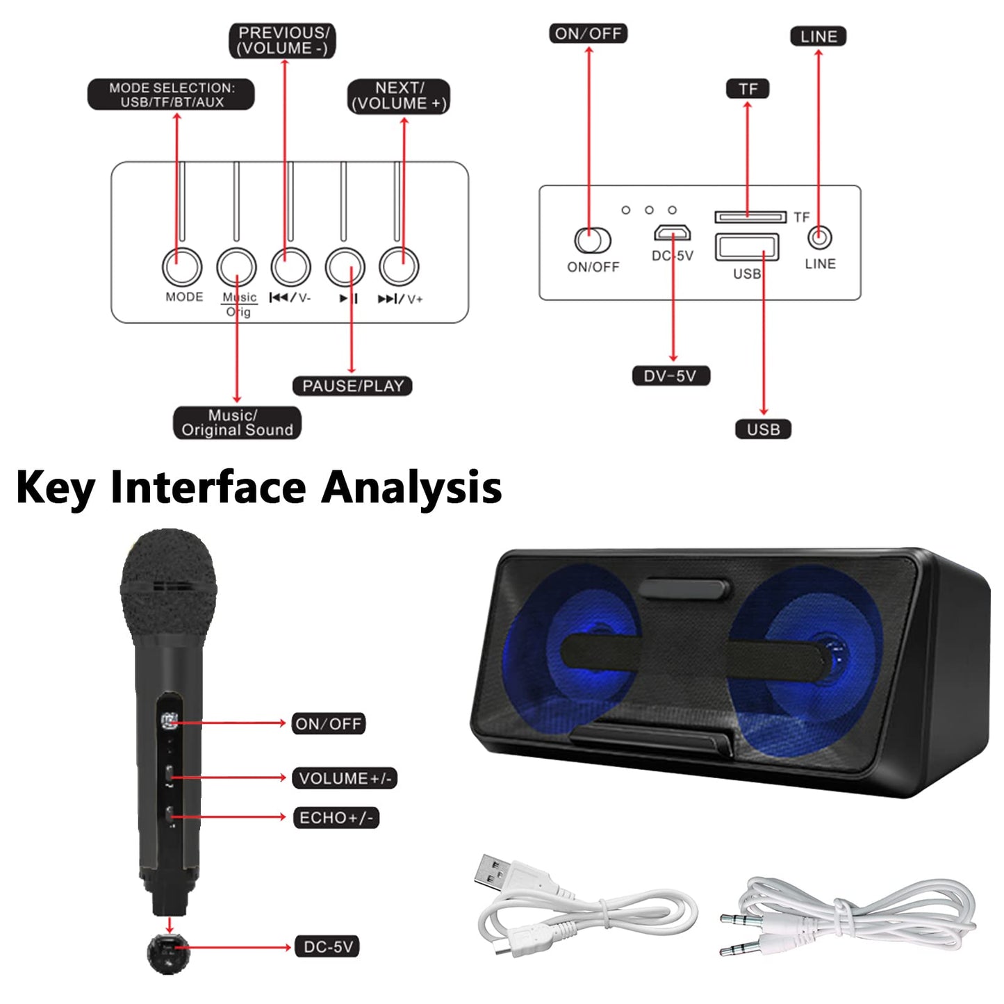 Karaoke Microphone, Portable Karaoke Machine with Bluetooth, 2 Wireless Microphones, Phone Holder, LED Light Effects, Rechargeable for Adults Kids, Supports USB TF AUX.