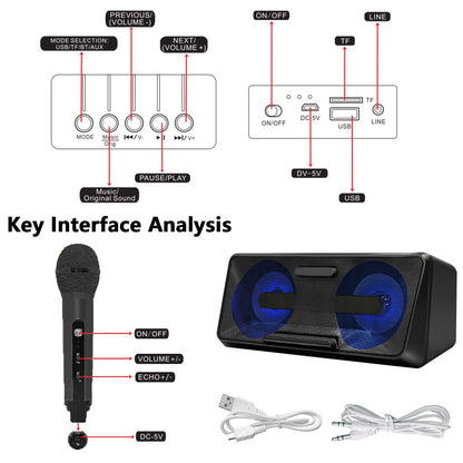 Karaoke Microphone, Portable Karaoke Machine with Bluetooth, 2 Wireless Microphones, Phone Holder, LED Light Effects, Rechargeable for Adults Kids, Supports USB TF AUX.