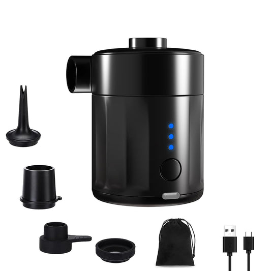 Mojimdo Portable Electric Air Pump, 5000 Pa Pump Battery, 450L/Min, Compact Air Pump with 4 Nozzles, for Camping, Air Mattress, Swim Ring, Air Cushion, Inflatable Boat, Vacuum Bag.