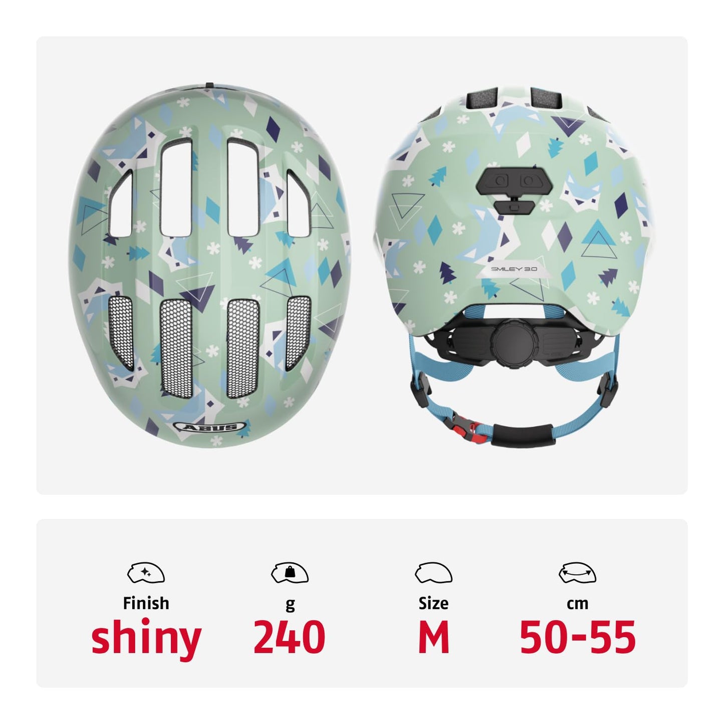 ABUS Child Helmet Smiley 3.0 - Bike helmet with low profile, child-friendly designs & space for a ponytail - for girls and boys - Light green with pattern, size M.