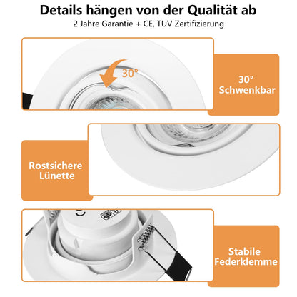 Unikcst 10 pack Dimmable LED Recessed Lights 230V Ultra Flat Swivel Ceiling Spots Round White Recessed Spot 68mm hole diameter, incl. 6W LED Module Neutral White