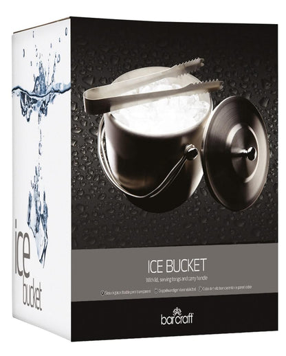 Bar Craft ice bucket with lid and ice tongs, polished stainless steel, handle, in gift box, 1.9 liter capacity, 12 x 17 x 22 cm