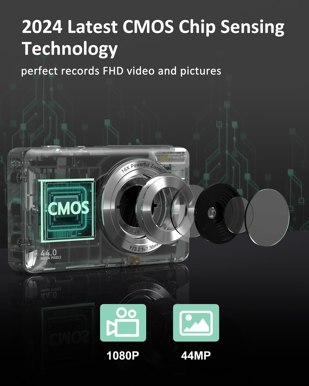 CAMKORY digital camera 1080P FHD photo camera 44MP 16X digital zoom Green