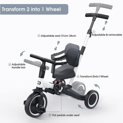 newyoo 5 in 1 balance bike tricycle, suitable for 1 year olds with push handle, for kids aged 1-3 years, bike for children up to 25kg including removable pedals and adjustable seat, white