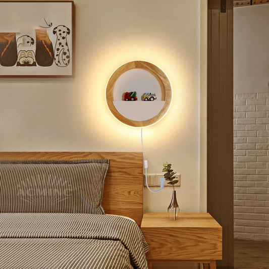 QJUZO Kids Room Wall Light Wood with Plug and Switch, 15W LED Round Indoor Wooden Wall Lamp for Bedroom Night Light Children Bed Lamp, Warm White/Cool White/Neutral White