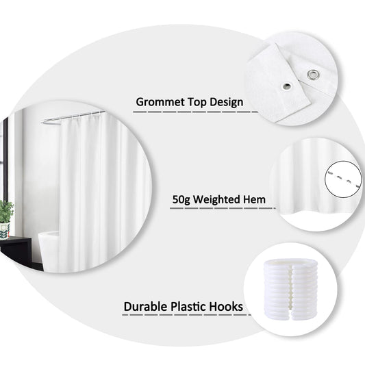 Flax Linen 240GSM Heavyweight Wide Fabric Shower Curtain for Bathroom with Hooks Hotel Luxury Washable, White, 180x213 cm.