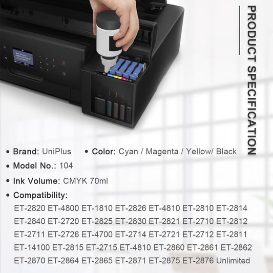 UniPlus Ink E104 ET-2870 ET-2810 ET-2820 ET-1810 ET-2720 ET-2840 ET-2826 Printer Cartridges Compatible for Epson E104 Multipack Refill Compatible for Epson Ecotank ET-2830 ET-2821 ET-4800 ET-4700.
