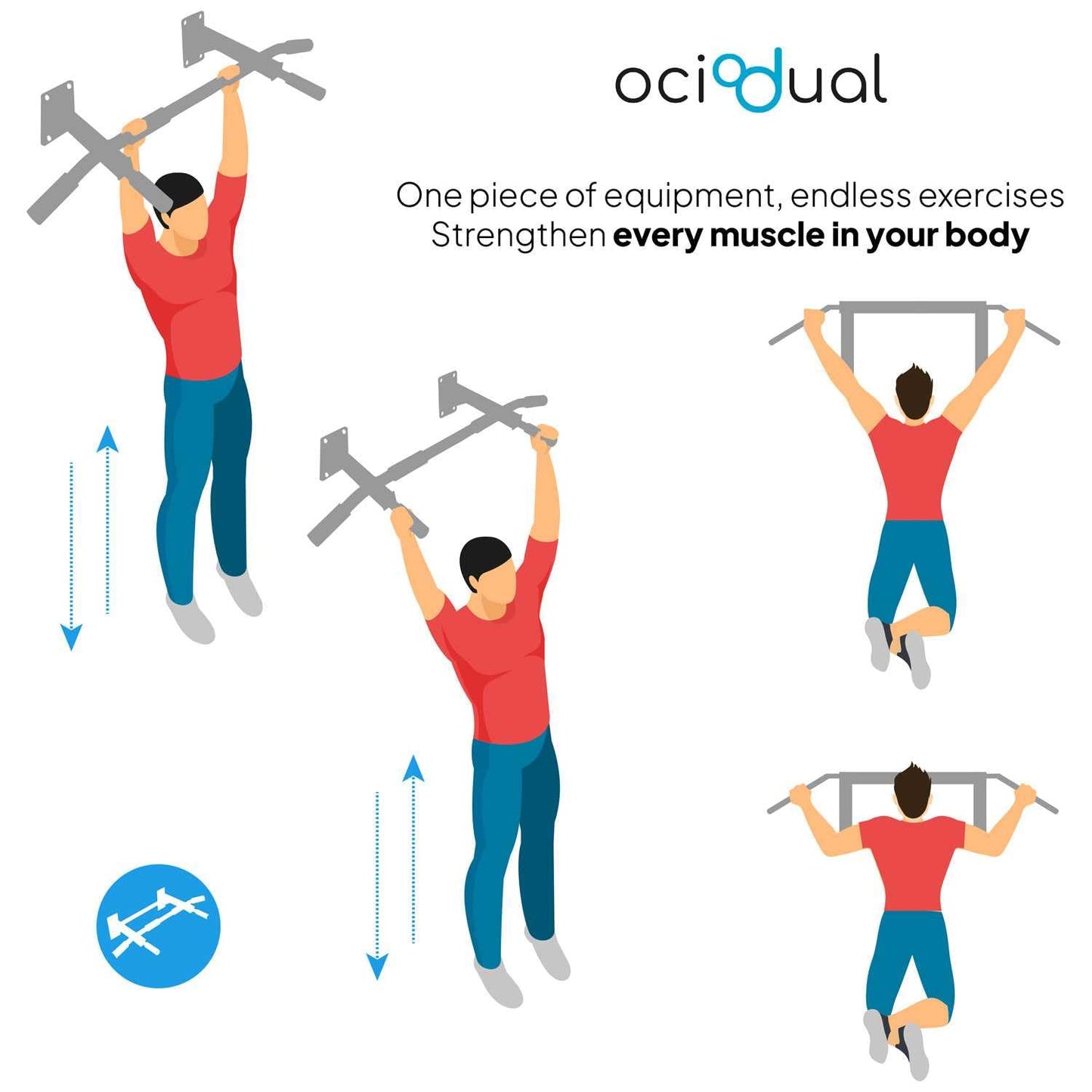 OcioDual wall-mounted chin-up bar for pull-ups, dips, back exercises, up to 200 kg, glossy black, gym, home gym, sturdy