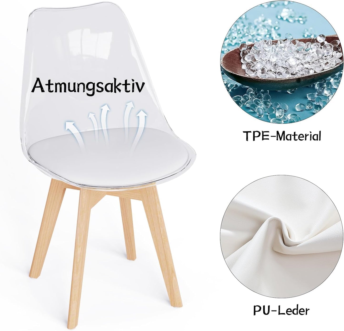 JIJIAN set of 6 dining chairs, transparent TPE backrest, beech wood legs, PU leather upholstered, Nordic style. Suitable for dining room, kitchen, living room, office, cafe.