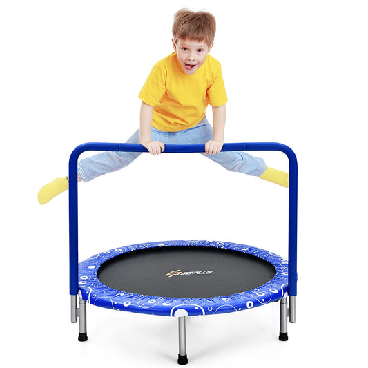GOPLUS 92cm Children's Mini Trampoline with Handle, Foldable Garden Trampoline up to 150kg load capacity, Kids Trampoline for Indoor & Outdoor & Garden, sturdy Safety Trampoline for Toddlers (Blue)